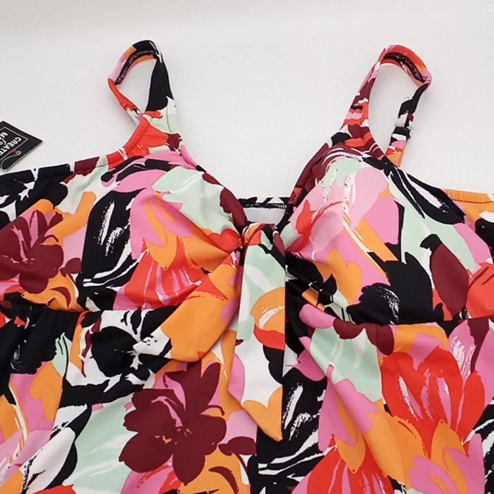 Swim‎ Solutions Floral Botanical Beauty Bow Front Swimdress Black Multicolor 24W - Picture 3 of 14